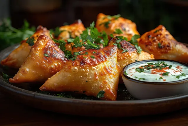 Golden crispy samosas on a rustic plate with a bowl of yogurt sauce and chopped herbs.
