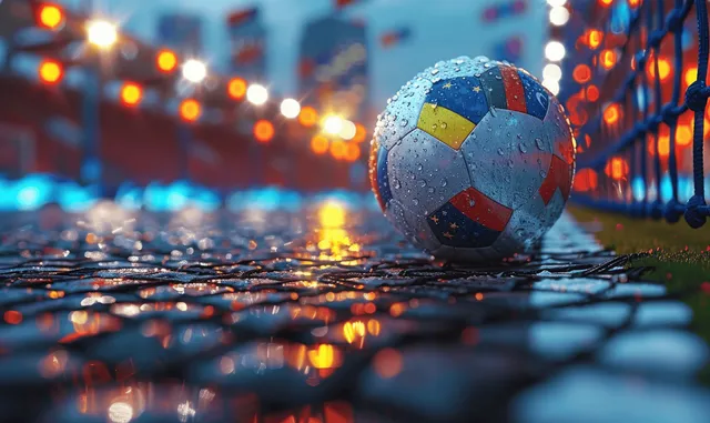 Rain-soaked soccer ball rests beside stadium lights at dusk