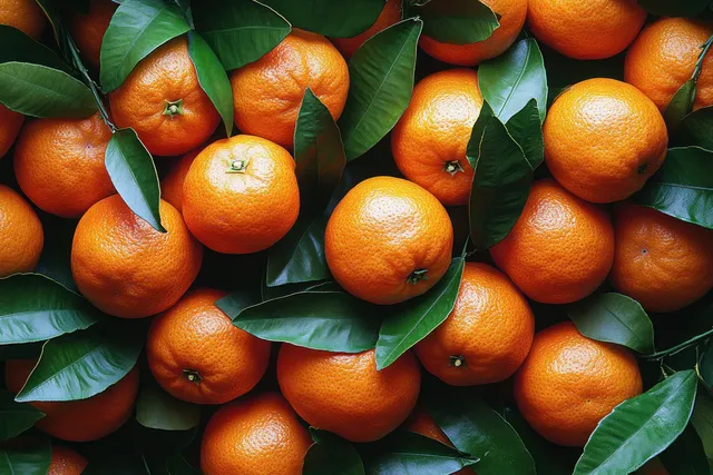Dense pile of ripe tangerines with green leaves, showing glossy orange peels and textured fruit skins.
