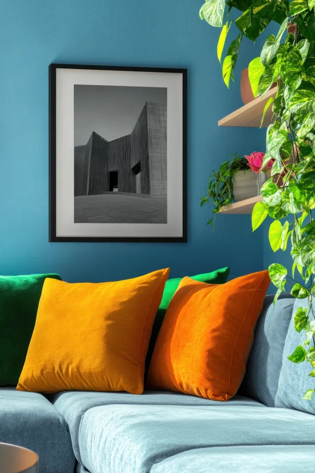 Light sofa with orange and green cushions sits beneath a framed picture on a vivid blue wall with leafy plants nearby.