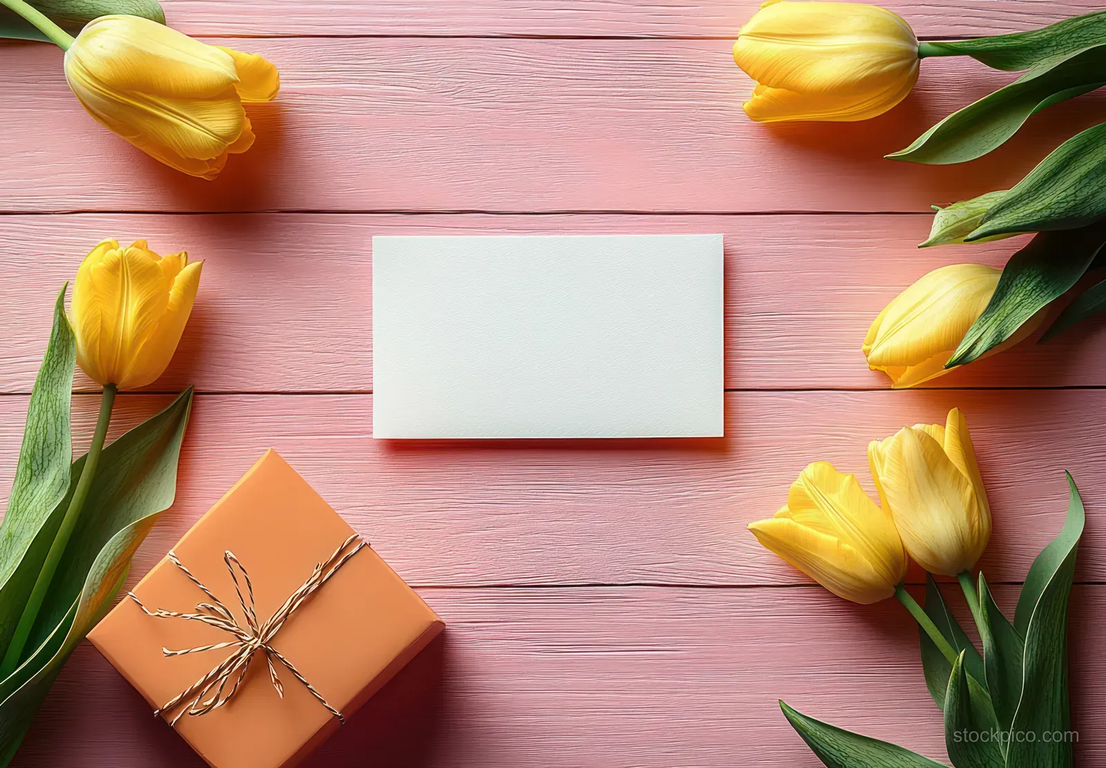 A blank greeting card and orange gift box sit on a pink wooden table with yellow tulips around them.