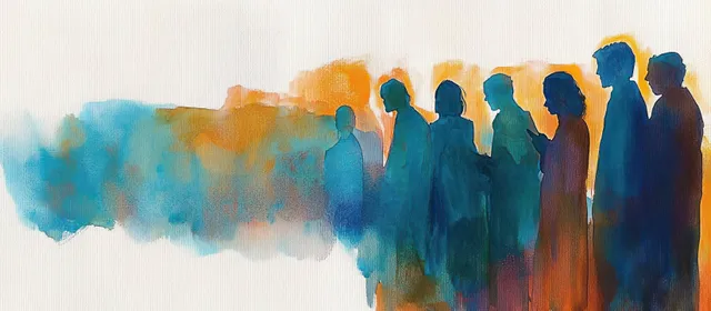 Abstract watercolor silhouettes of people standing in a row, blending into blue and orange paint washes.