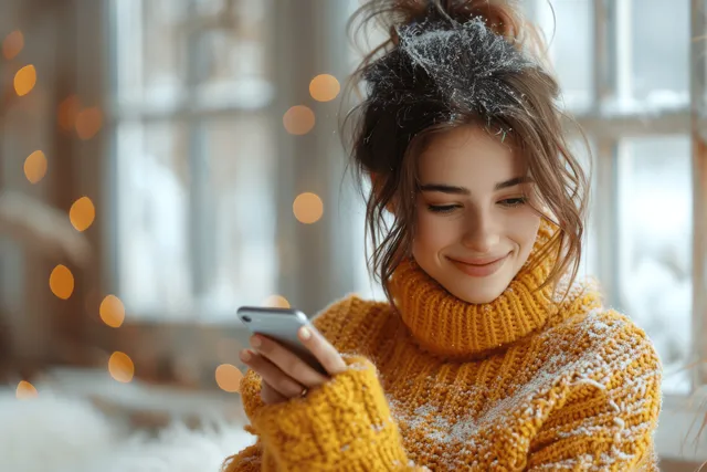 Woman in a yellow sweater holding a smartphone while typing on a laptop at a bright office desk.