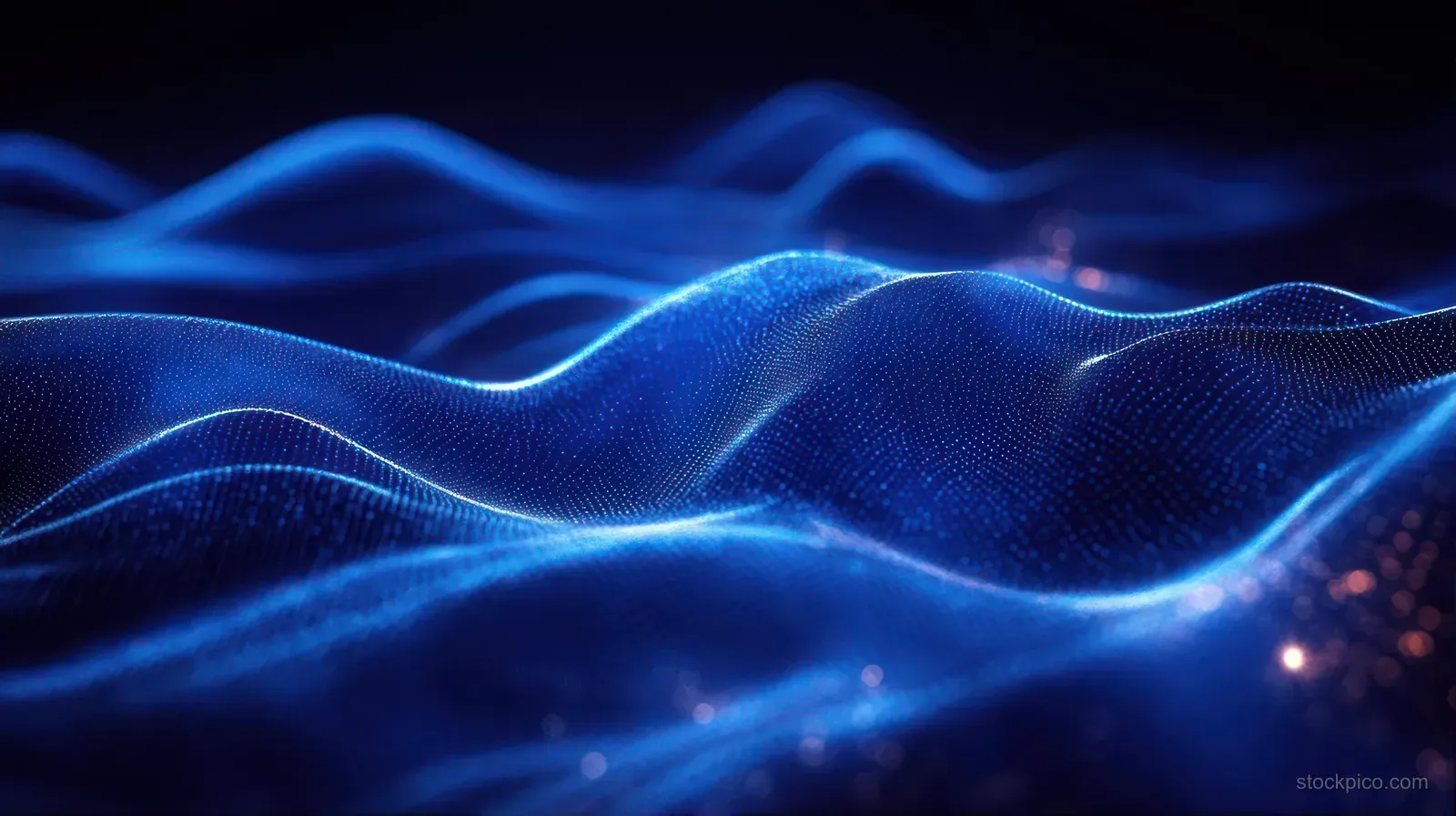 Glowing blue particle waves undulate across a dark abstract digital landscape with flowing light ridges.