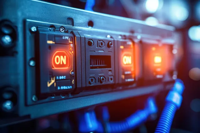 Orange ON indicators glow on circuit breaker switches inside a dark electrical control panel with surrounding cables.