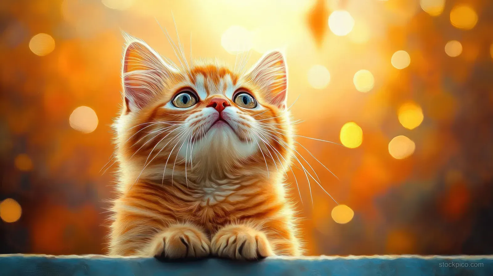 Orange tabby kitten with wide eyes looking up against a warm glowing bokeh background.