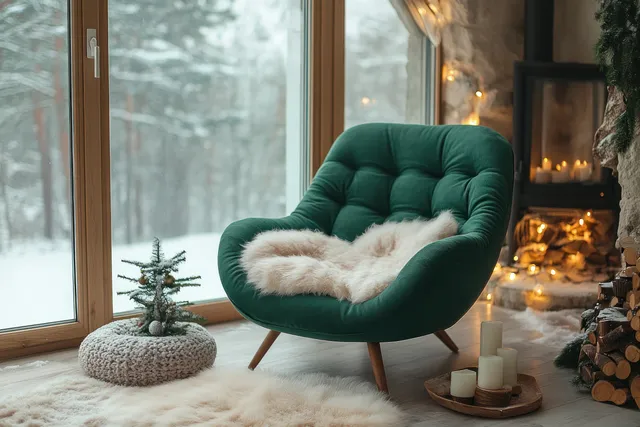 Green plush armchair by a window with snowy view, candles, stacked logs, and a small Christmas tree.