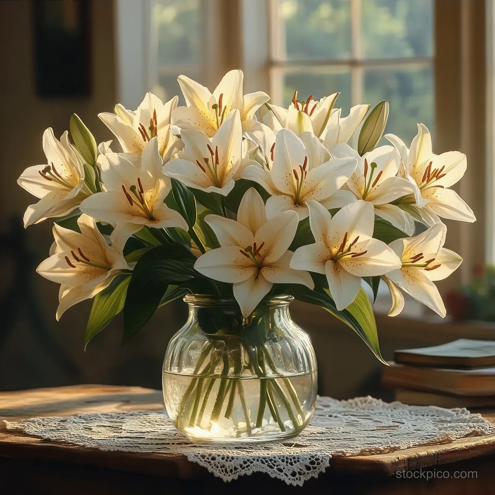 White lily bouquet in a clear glass vase on a lace-covered wooden table near a sunlit window.