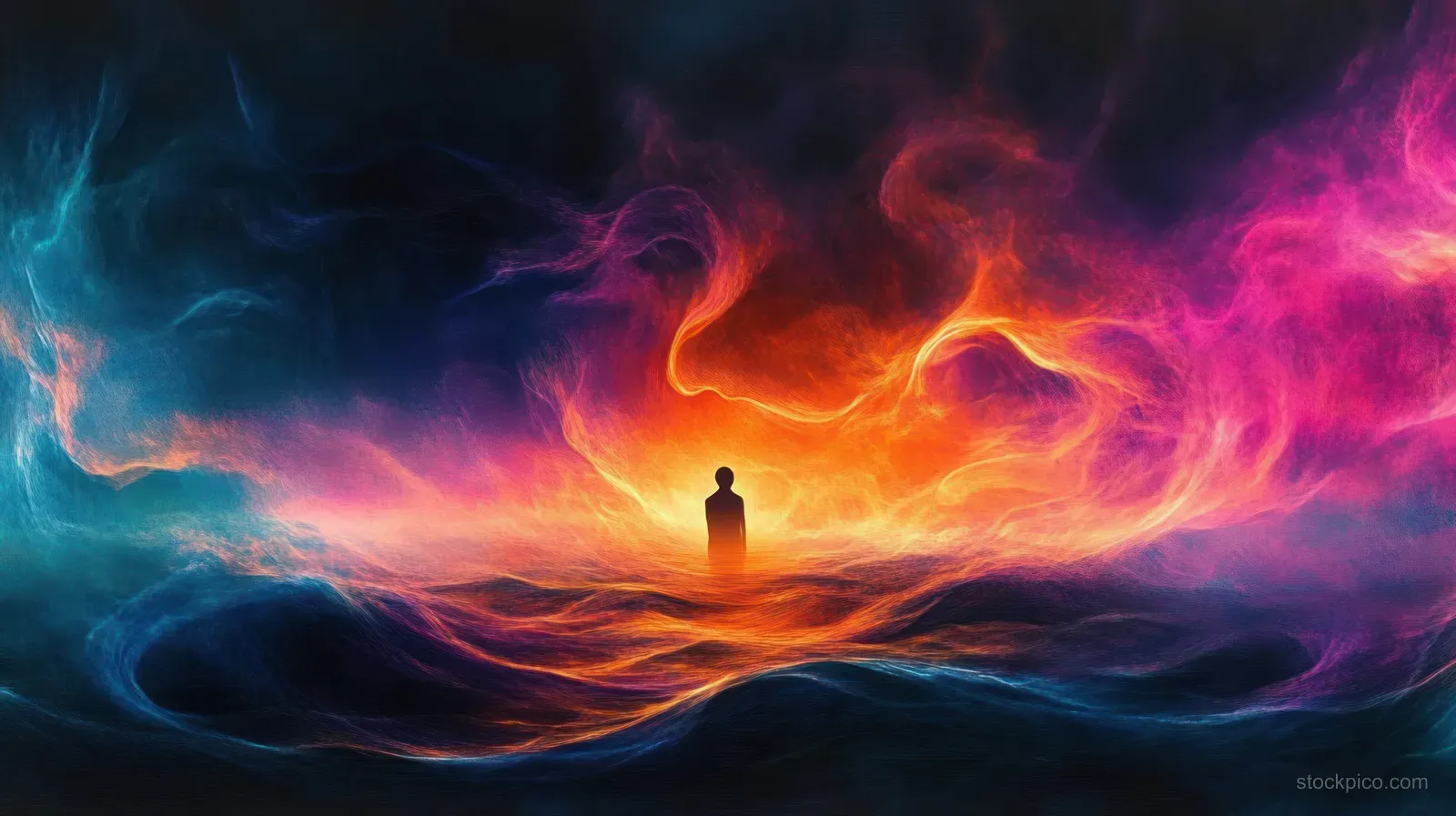 A lone silhouette stands amid swirling blue, purple, and orange glowing waves in a dark cosmic scene.