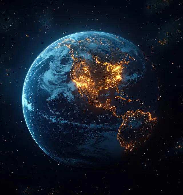 Hyper-realistic Earth globe shows Europe and Africa under moonlit night lighting with glowing city lights and starry space background.