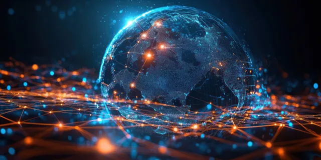 Cyberpunk digital globe of Europe with glowing network connections and data particles on a dark background.