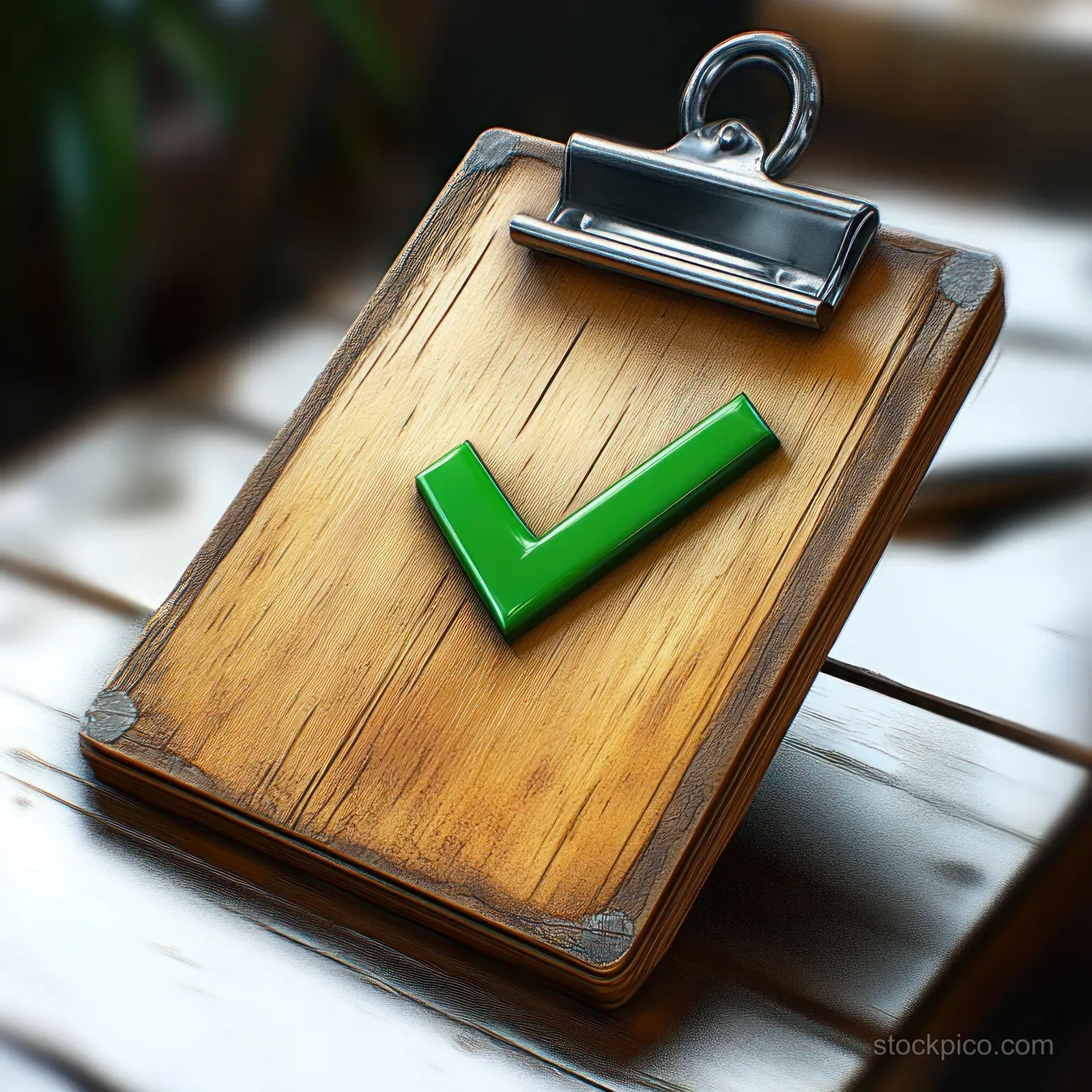 Wooden clipboard with a green check mark and metal clip resting on a white desk.