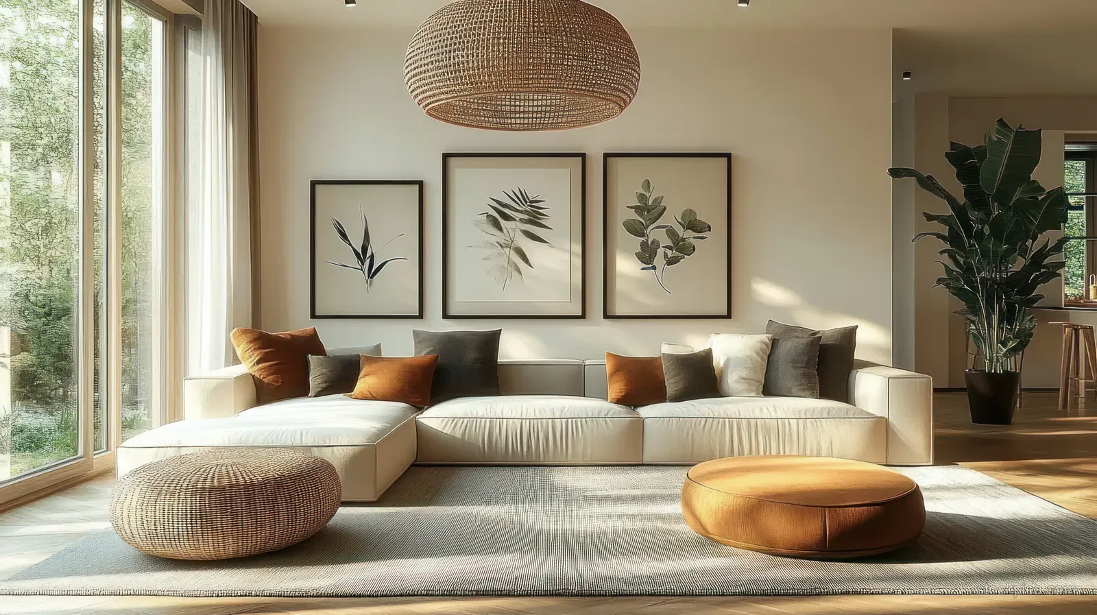 Sunlit living room with cream sectional sofa, orange and gray cushions, round poufs, botanical framed wall art, and a large potted plant.
