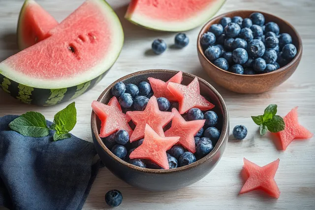 Children’s hands assemble patriotic watermelon and blueberry fruit salad star shapes