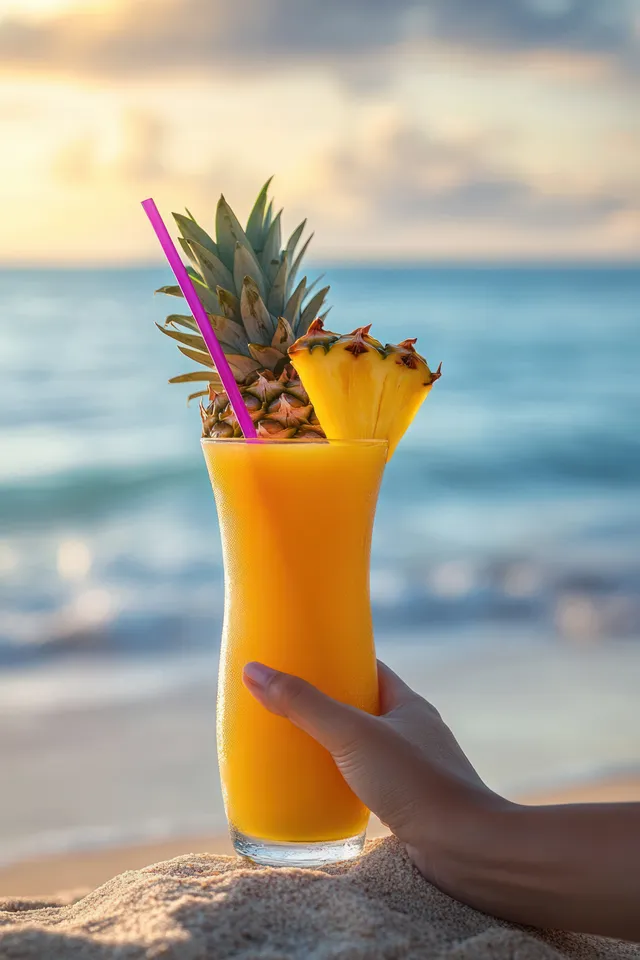 Hand holds tropical pineapple juice cocktail on sandy beach with purple straw at sunset