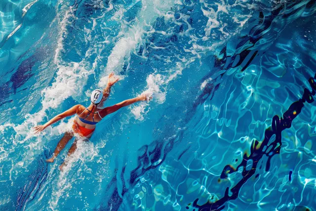 Overhead view of a female swimmer performing butterfly stroke in a race pool, splashing and leaving ripples.