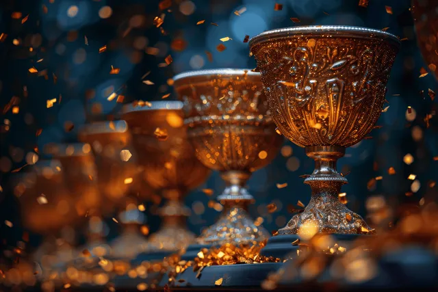 A golden trophy cup is surrounded by glittering confetti with blurred sparkling lights on a dark background.