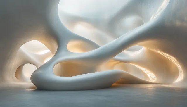 Minimalist white abstract sculpture in modern interior with soft golden light and smooth curves