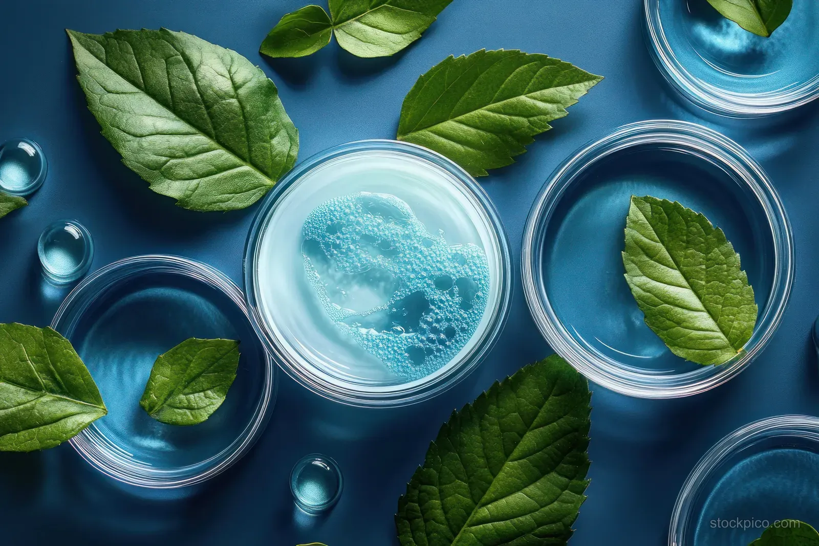Green leaves and glass bowls of clear liquid with small transparent capsules scattered on a blue background.