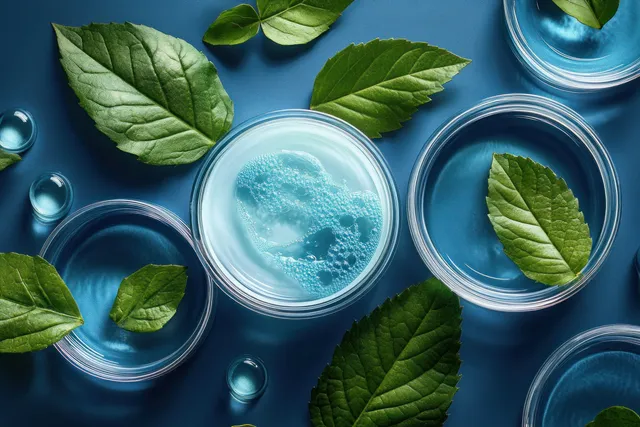 Green leaves and glass bowls of clear liquid with small transparent capsules scattered on a blue background.