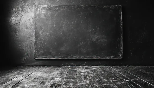 Empty chalkboard wall background with dusty slate texture and worn floor tiles