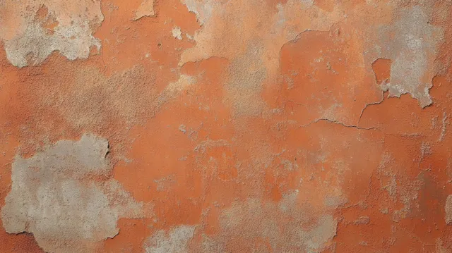 Cracked wall plaster with peeling orange and gray paint layers and rough flaking texture.