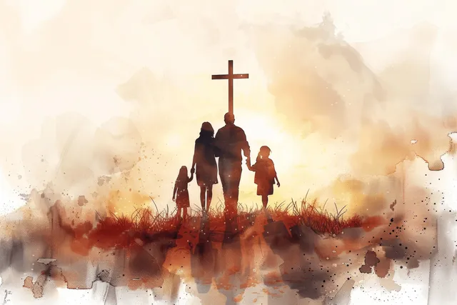 Dreamlike watercolor family silhouettes walking under glowing cross through mist