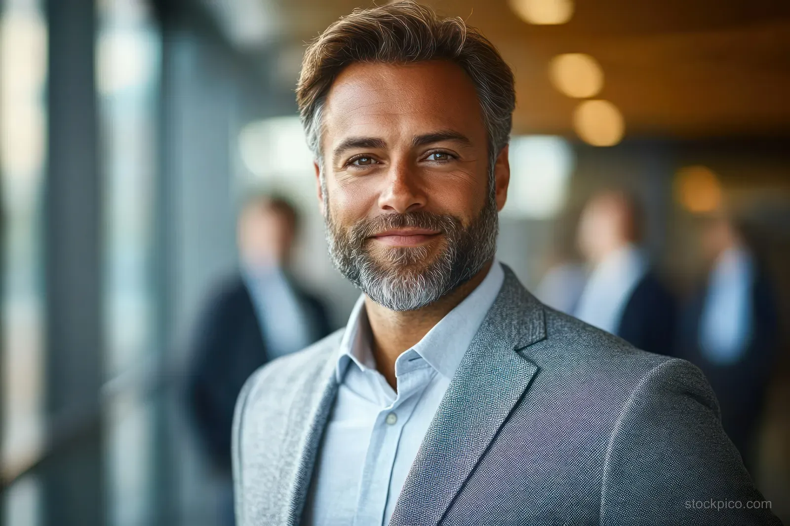 Smiling executive in a suit poses in a modern office lobby with blurred coworkers behind.