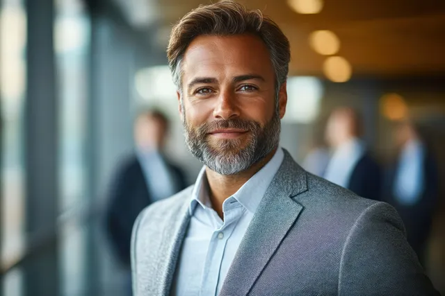 Smiling executive in a suit poses in a modern office lobby with blurred coworkers behind.