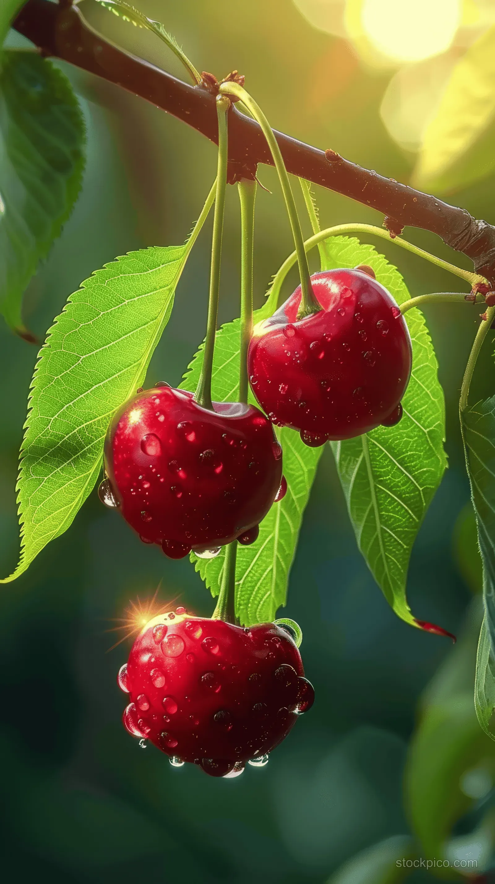 Ripe red cherries hang from a tree branch with green leaves in warm sunlight.