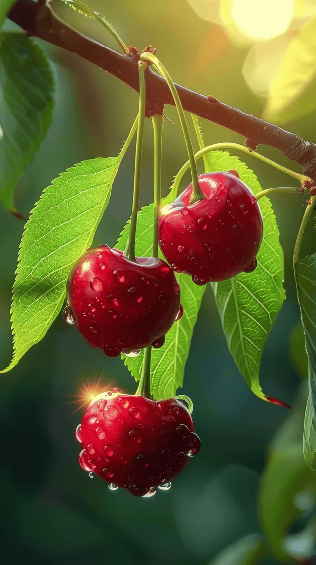 Ripe red cherries hanging on a branch in warm sunlight with glossy highlights