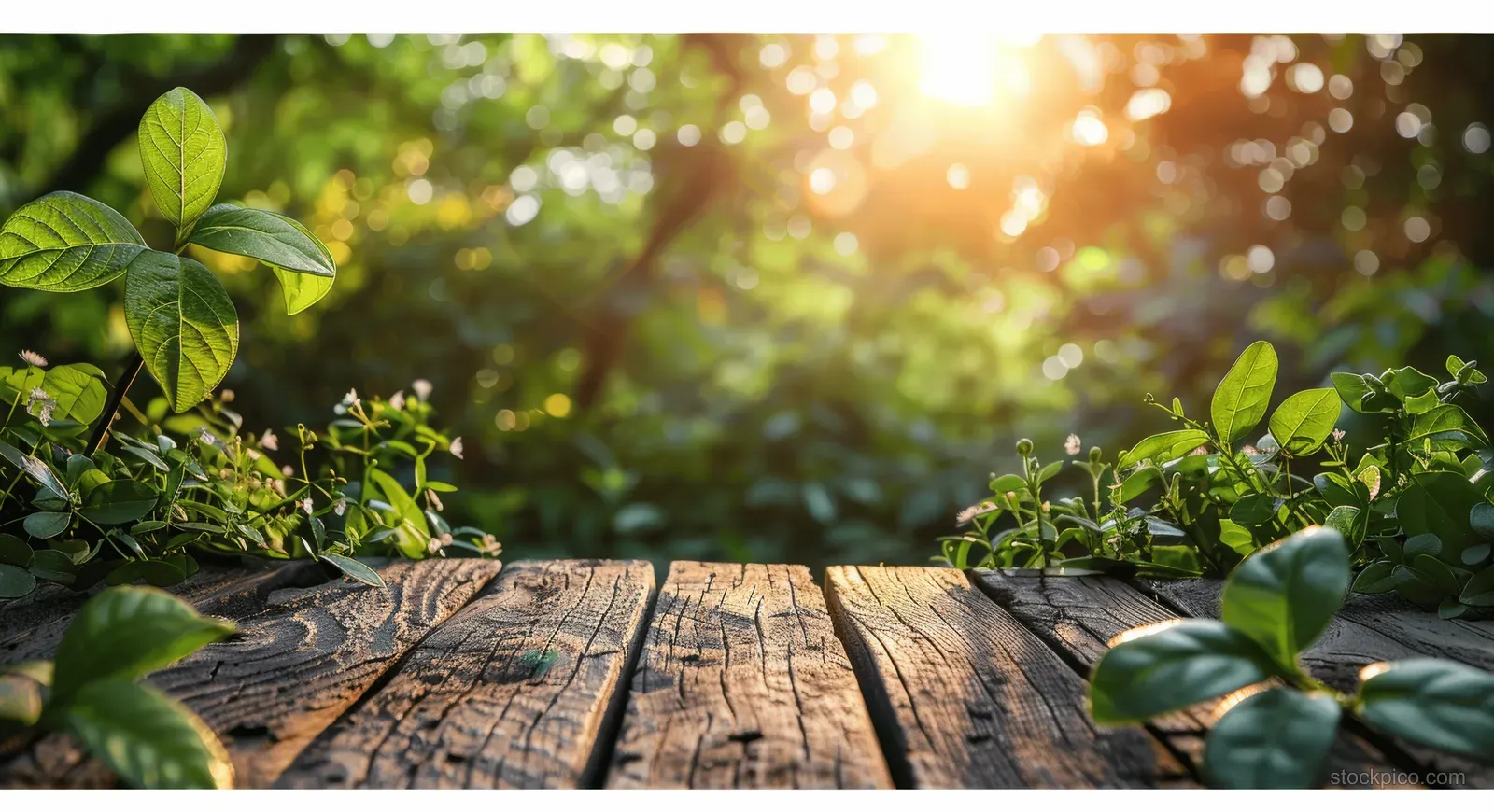 Weathered wooden table outdoors with green leaves and sunlit, blurred forest trees in the background.