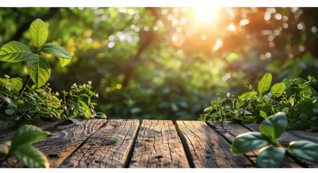 Weathered wooden table outdoors with green leaves and sunlit, blurred forest trees in the background.