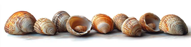 A close-up row of assorted sea shells in brown, beige, and orange with some open to reveal spiral interiors on a white background.