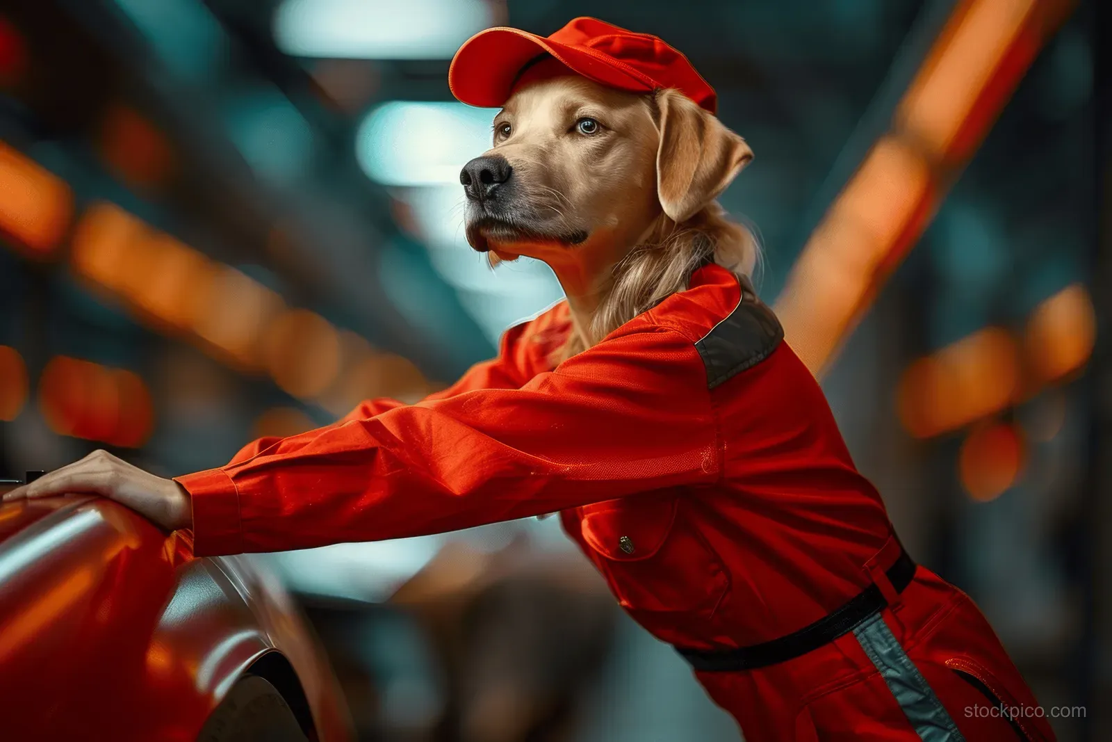 A dog in a red engineer coat reaches near a car door on an automotive factory assembly line.