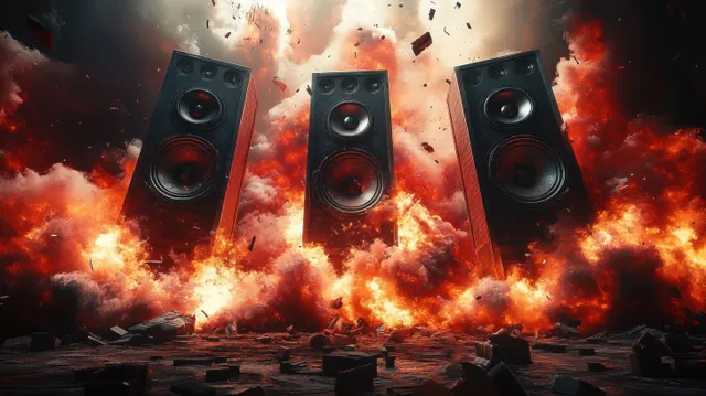 Three black speakers surrounded by fiery explosions and swirling smoke with debris flying around them.