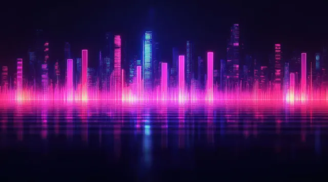 Futuristic neon skyline with pink and blue vertical light bars and their reflections on a dark glossy surface.