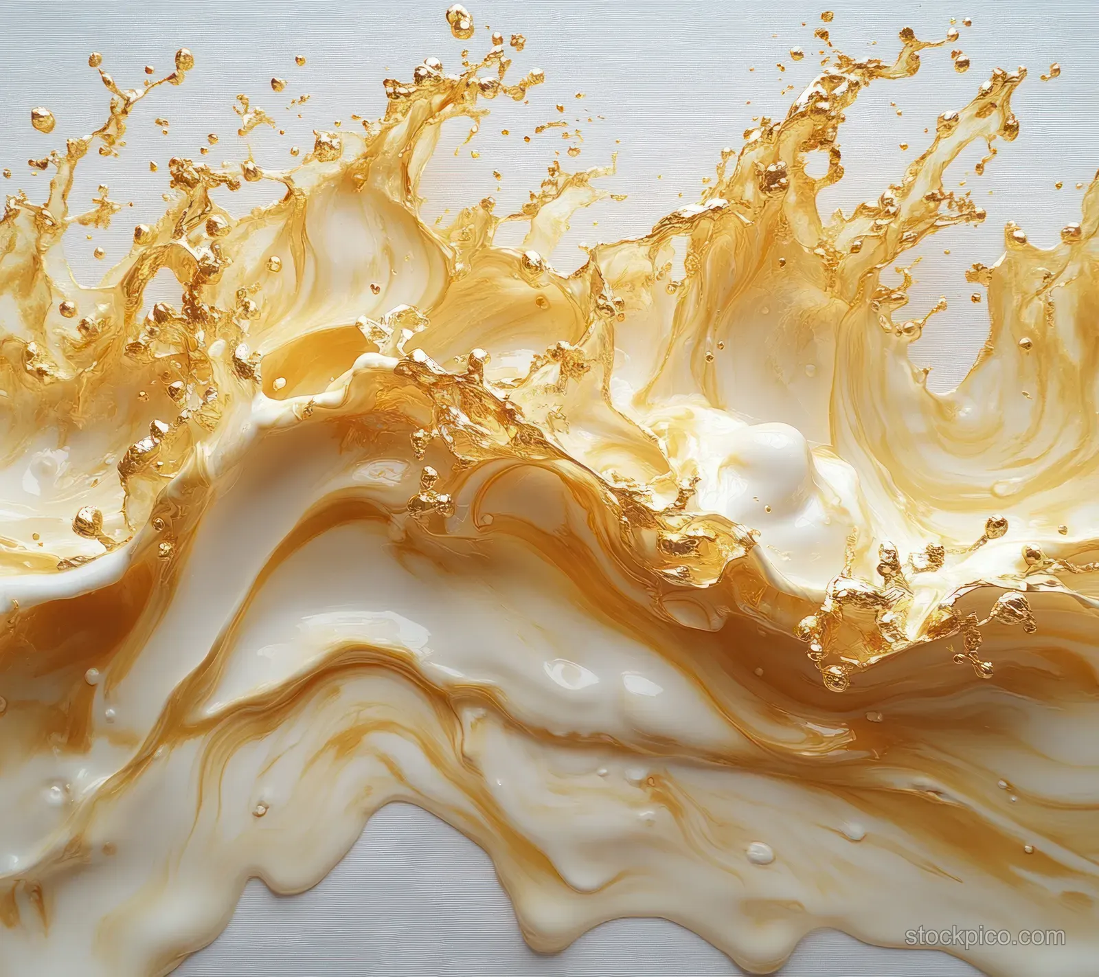 Golden oil and white cream swirl together with splashing droplets on a minimal light background.