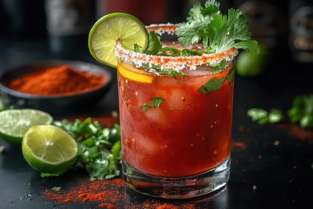 Spicy tomato cocktail with ice in a glass, chili-salt rim, lime slice, and cilantro on a dark surface.