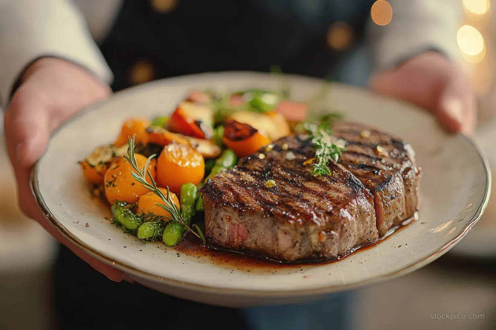 A person holds a white plate of grilled steak garnished with herbs beside roasted vegetables.