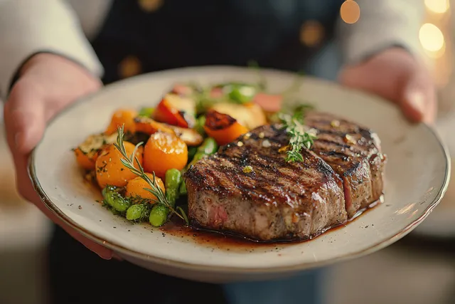A person holds a white plate of grilled steak garnished with herbs beside roasted vegetables.