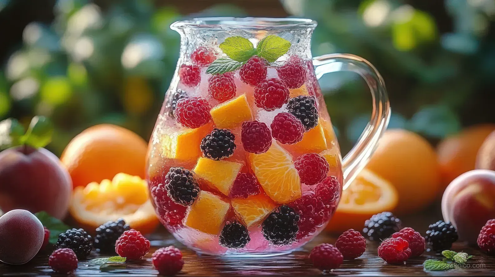Clear glass pitcher of infused water with colorful fruit pieces and mixed berries on a wooden table.