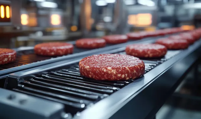 Raw hamburger patties ride a stainless conveyor belt through a brightly lit meat processing area.