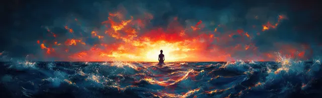 A lone meditating silhouette stands on calm ocean water beneath fiery red and orange sunset clouds.