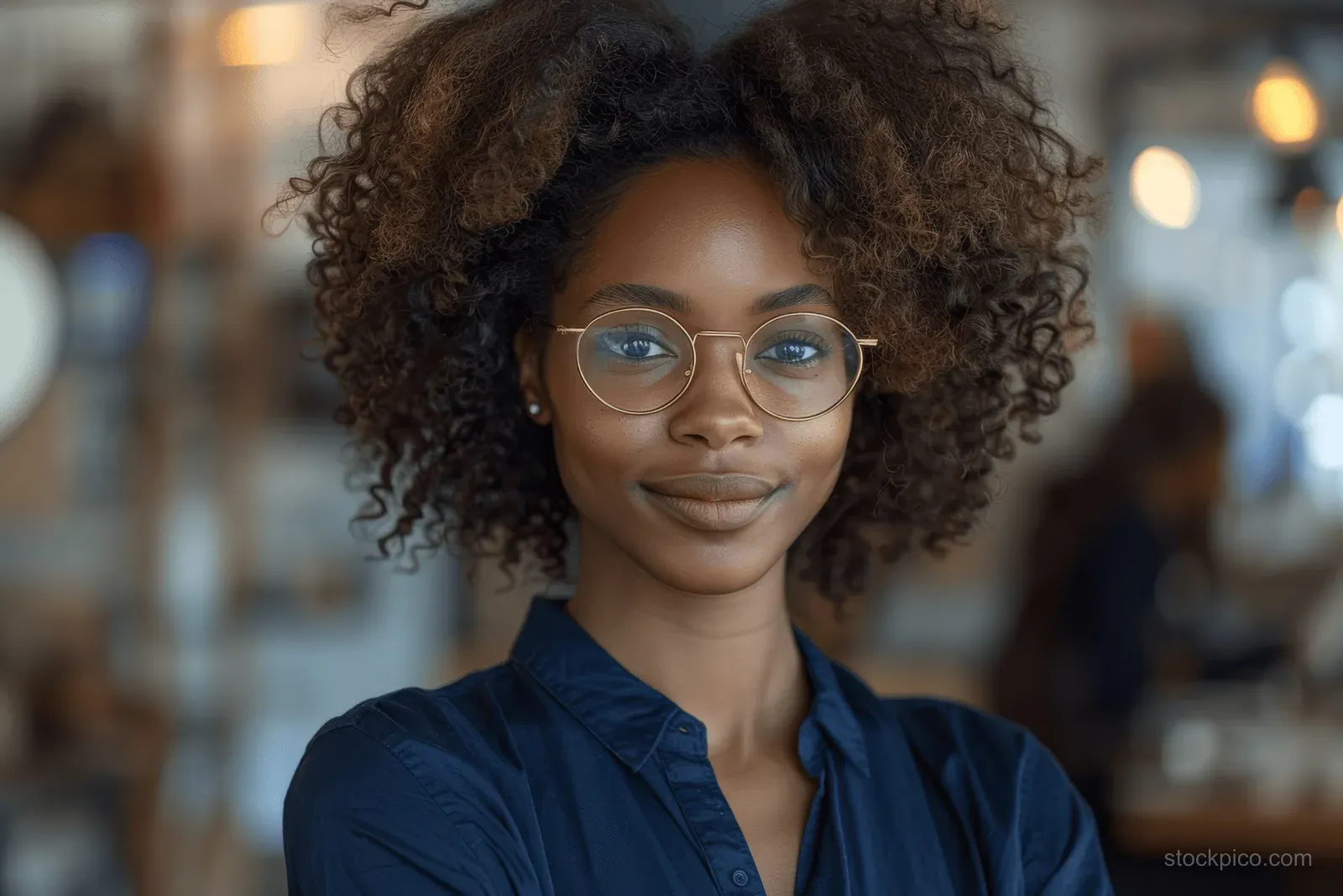 Smiling businesswoman with arms crossed and glasses in a softly lit modern office with desks and glass walls.