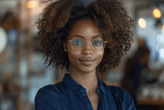 Smiling businesswoman with arms crossed and glasses in a softly lit modern office with desks and glass walls.