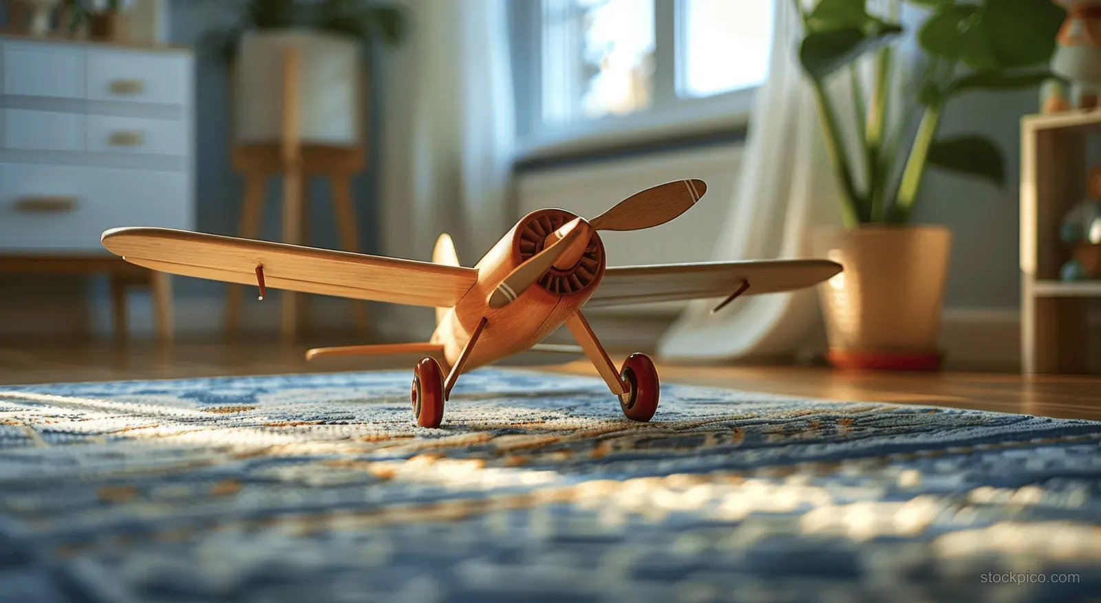 Wooden toy airplane rests on a carpet in a bright children’s room with a visible propeller and wings.