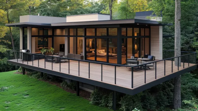 An elevated modern cabin on steel supports shows wraparound glass windows and a wooden deck with seating amid lush trees.