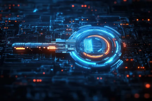 Glowing digital key hologram hovering over neon circuit board lines