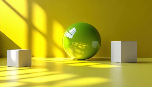 A green sphere leads white cubes along a sunlit corridor with sharp geometric shadows.